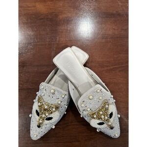 White Fox Print Slip-On Loafers Sparkling Rhinestones & Pearl Embellishments 8.5